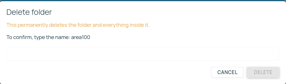 A confirmation dialog headed Delete folder. Beneath it, in orange, the warning that this permanently deletes the folder and everything inside it, then an instruction to type the name area100 to confirm, an empty text field, and Cancel and Delete buttons with Delete greyed out.